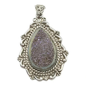 Purple Druzy Sterling Silver Designer Signed Vintage Necklace Pendant
